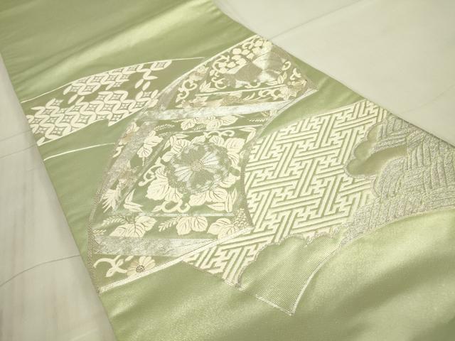 平和屋着物▼太鼓柄袋帯　駒刺繍　総刺繍　地紙吉祥花鳥文　銀糸　正絹　逸品　DABG0566az
