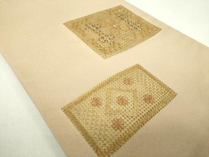 平和屋着物▼太鼓柄袋帯　ドロンワーク　花菱文　金彩　銀通し地　正絹　逸品　DABF7999ps