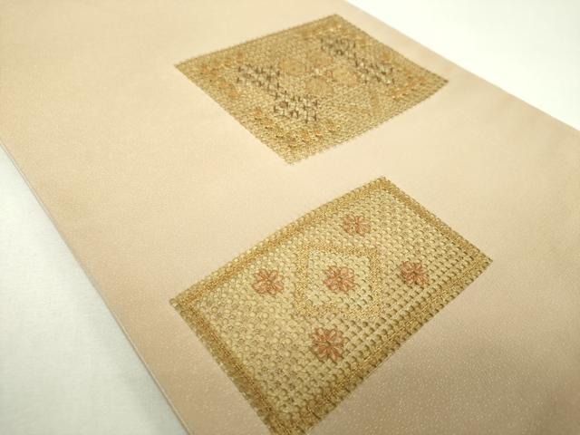 平和屋着物▼太鼓柄袋帯　ドロンワーク　花菱文　金彩　銀通し地　正絹　逸品　DABF7999ps