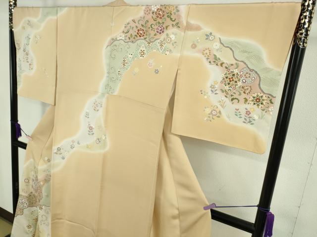 平和屋本店●極上　創業460年・千總　訪問着　駒刺繍　道長正倉院花文　浅黄色地　暈し染め　大丸扱い　逸品　DZAB4004kh6