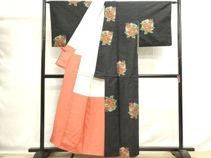 平和屋着物■上質な紬　亀甲花文　黒地　正絹　逸品　DABG6909cd