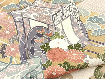 平和屋着物■豪華色留袖　刺繍　御所車花文　金彩　正絹　逸品　BAAX3743yc
