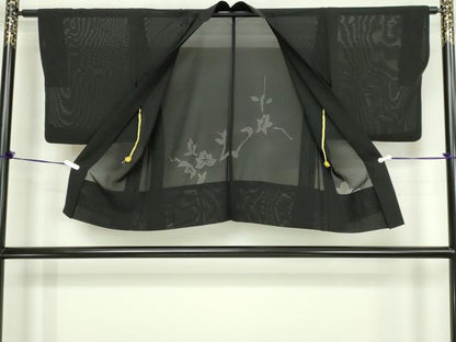 平和屋着物▽羽織　スリーシーズン　春夏秋　塵除け　草花文　黒地　正絹　逸品　DABG9635sf