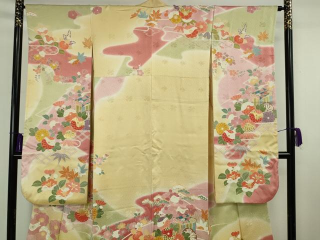 平和屋本店●極上　創業460年・千總　振袖・長襦袢(無双仕立て・半衿刺繍)セット　駒刺繍　御所車花文　金彩　逸品　DZAB8509kh6