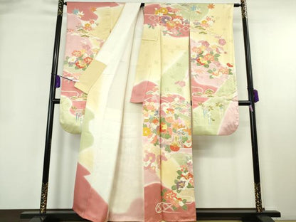 平和屋本店●極上　創業460年・千總　振袖・長襦袢(無双仕立て・半衿刺繍)セット　駒刺繍　御所車花文　金彩　逸品　DZAB8509kh6