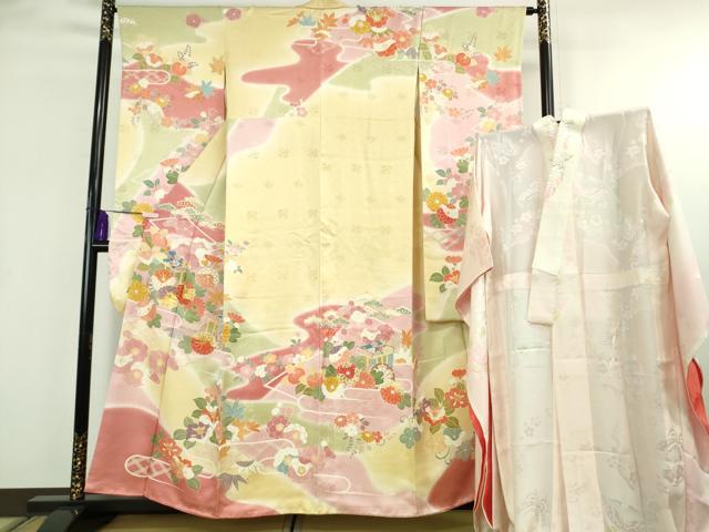 平和屋本店●極上　創業460年・千總　振袖・長襦袢(無双仕立て・半衿刺繍)セット　駒刺繍　御所車花文　金彩　逸品　DZAB8509kh6