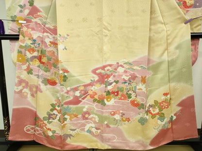 平和屋本店●極上　創業460年・千總　振袖・長襦袢(無双仕立て・半衿刺繍)セット　駒刺繍　御所車花文　金彩　逸品　DZAB8509kh6