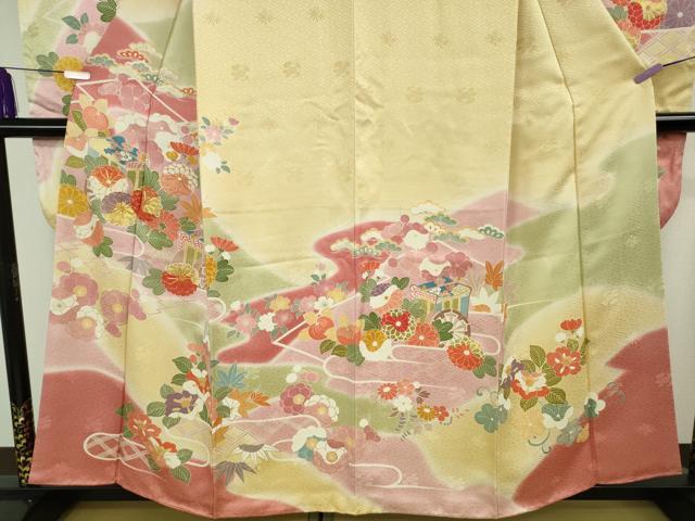 平和屋本店●極上　創業460年・千總　振袖・長襦袢(無双仕立て・半衿刺繍)セット　駒刺繍　御所車花文　金彩　逸品　DZAB8509kh6