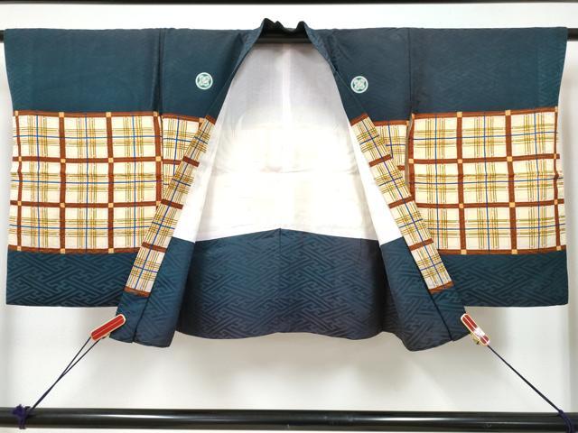 平和屋着物[]七五三　男の子　子供　羽織　刺繍　鷹　鷲　格子松文　金彩　洗える着物　DABE7508ma