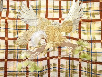 平和屋着物[]七五三　男の子　子供　羽織　刺繍　鷹　鷲　格子松文　金彩　洗える着物　DABE7508ma