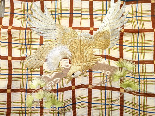 平和屋着物[]七五三　男の子　子供　羽織　刺繍　鷹　鷲　格子松文　金彩　洗える着物　DABE7508ma