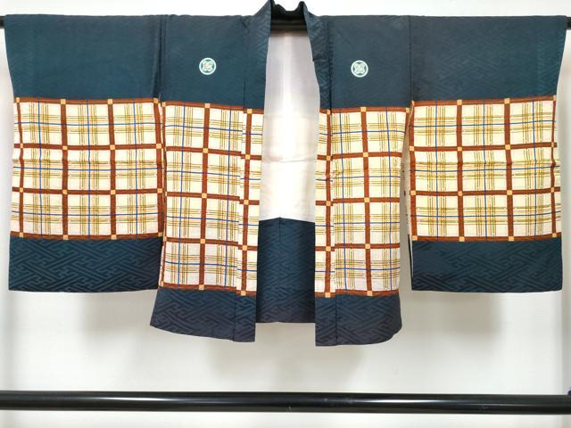 平和屋着物[]七五三　男の子　子供　羽織　刺繍　鷹　鷲　格子松文　金彩　洗える着物　DABE7508ma