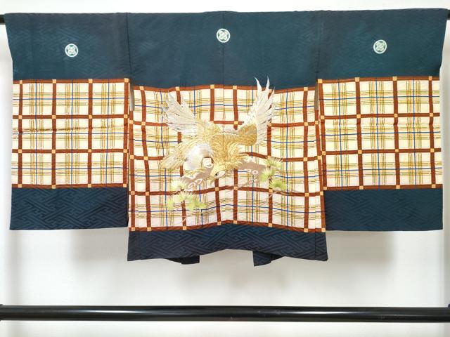 平和屋着物[]七五三 男の子 子供 羽織 刺繍 鷹 鷲 格子松文 金彩 洗える着物 DABE7508ma
