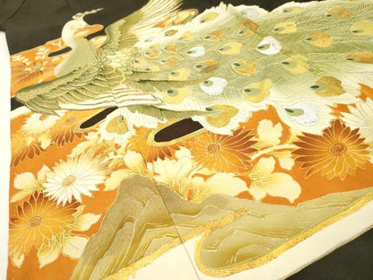 平和屋着物▼豪華黒留袖　刺繍　孔雀花文　金銀彩　正絹　逸品　DABG5320fe