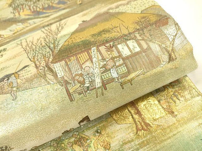 平和屋着物▼極上　西陣あさぎ　全通全景柄袋帯　廣重　東海道五拾三次　八種四百十八景　本金プラチナ二重箔　正絹　逸品　DABG5381fe