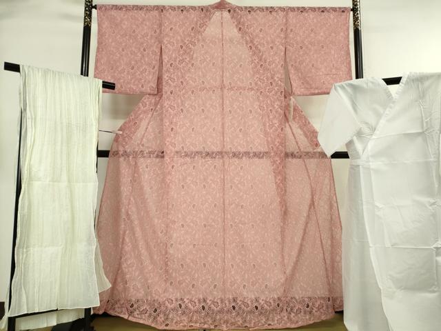 平和屋着物∴極上　夏物 浴衣・小紋兼用　肌襦袢・兵児帯(女郎花色)3点セット　レース　花唐草文 オールドローズ色 逸品 新品 DZAB10509kh6