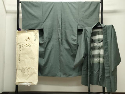 平和屋着物●男性　銀座きしや　結城紬　アンサンブル　色無地　錆青磁色　たとう紙付き　正絹　逸品　CABI0444gh