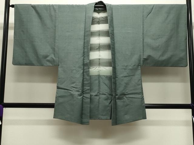 平和屋着物●男性　銀座きしや　結城紬　アンサンブル　色無地　錆青磁色　たとう紙付き　正絹　逸品　CABI0444gh