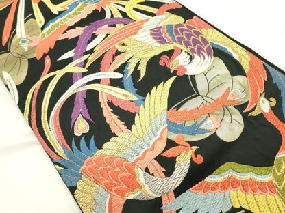 平和屋着物◎六通柄袋帯　唐織　鳳凰文　黒地　金糸　正絹　逸品　DABG6982cd