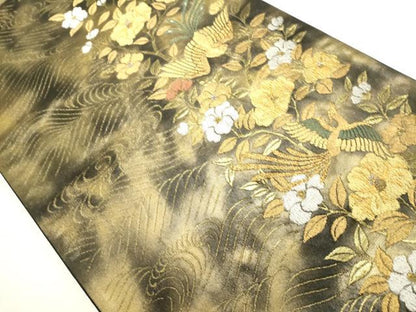 平和屋着物◎西陣　高島織物謹製　六通柄袋帯　流水花鳥文　青銅箔　金銀糸　正絹　逸品　DABG6996cd