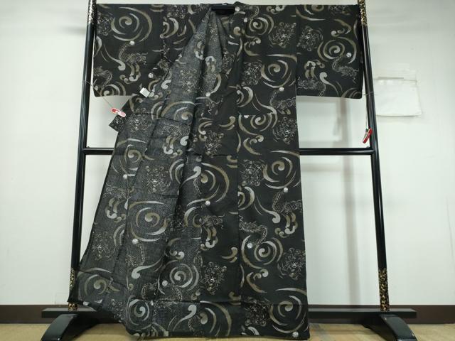 平和屋着物∴夏物　男性　浴衣　虎　龍　立波文　キングサイズ　黒地　綿　逸品　CABH1559ng