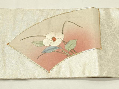 平和屋着物◎九寸名古屋帯　駒刺繍　地紙花文　金糸　正絹　逸品　DABG4345qp