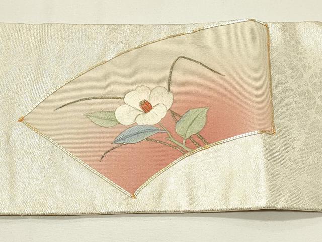 平和屋着物◎九寸名古屋帯　駒刺繍　地紙花文　金糸　正絹　逸品　DABG4345qp