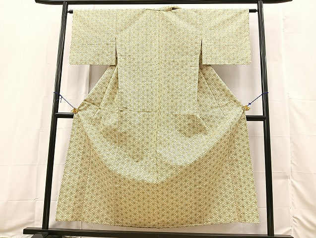 平和屋着物▽上質な紬　単衣　麻の葉文様　正絹　逸品　BAAX3578yc