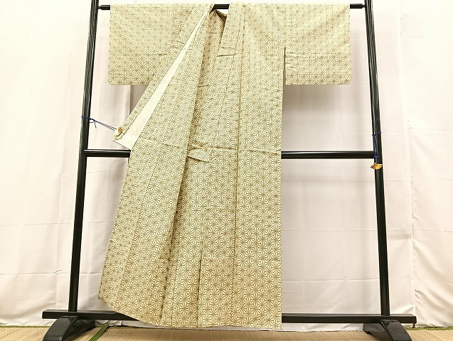 平和屋着物▽上質な紬　単衣　麻の葉文様　正絹　逸品　BAAX3578yc
