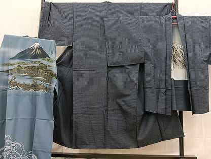 平和屋着物●男性　本場大島紬　アンサンブル　長襦袢(袷)セット　100亀甲　羽裏：富士　キングサイズ　正絹　逸品　BAAX3705yc