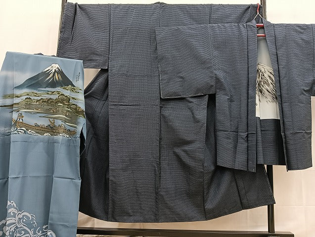 平和屋着物●男性　本場大島紬　アンサンブル　長襦袢(袷)セット　100亀甲　羽裏：富士　キングサイズ　正絹　逸品　BAAX3705yc