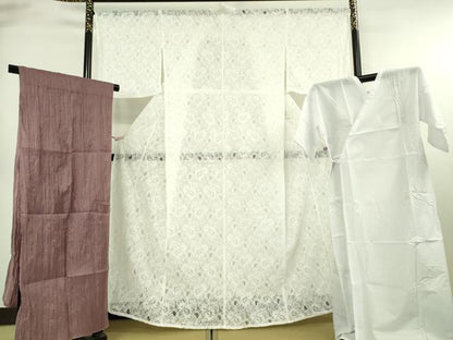 平和屋着物∴極上　夏物 浴衣・小紋兼用　肌襦袢・兵児帯(濃色)3点セット　レース　花唐草文　ホワイト　白地　逸品　新品　DZAB10532kh6