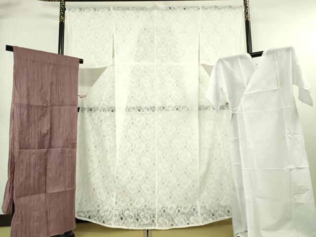 平和屋着物∴極上　夏物 浴衣・小紋兼用　肌襦袢・兵児帯(濃色)3点セット　レース　花唐草文　ホワイト　白地　逸品　新品　DZAB10537kh6