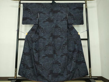 平和屋着物●結城紬　100亀甲　風景花文　正絹　逸品　DABG8252ps