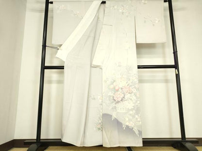 平和屋着物▽訪問着　単衣　友禅　刺繍　花籠文　正絹　逸品　DABG0714az