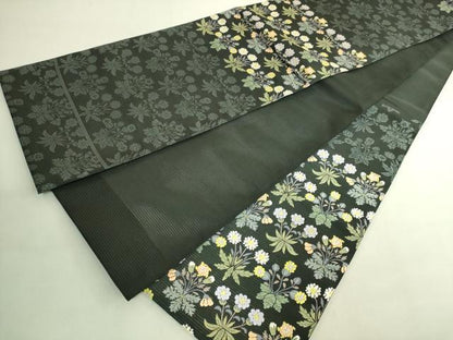 平和屋本店＊極上　夏物　西陣　川島織物　太鼓柄　本袋帯　唐織　草花文　黒緑色地　証紙付き　逸品　未使用　DZAB4786kh6