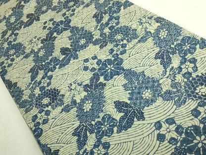 平和屋本店●極上 藍造り国選定無形文化財 藍師・佐藤昭人 大澤石雄 大澤一雄 両面 全通柄袋帯 藍染 花織 証紙付 逸品 未使用 DZAB0240kh6
