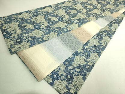 平和屋本店●極上 藍造り国選定無形文化財 藍師・佐藤昭人 大澤石雄 大澤一雄 両面 全通柄袋帯 藍染 花織 証紙付 逸品 未使用 DZAB0240kh6
