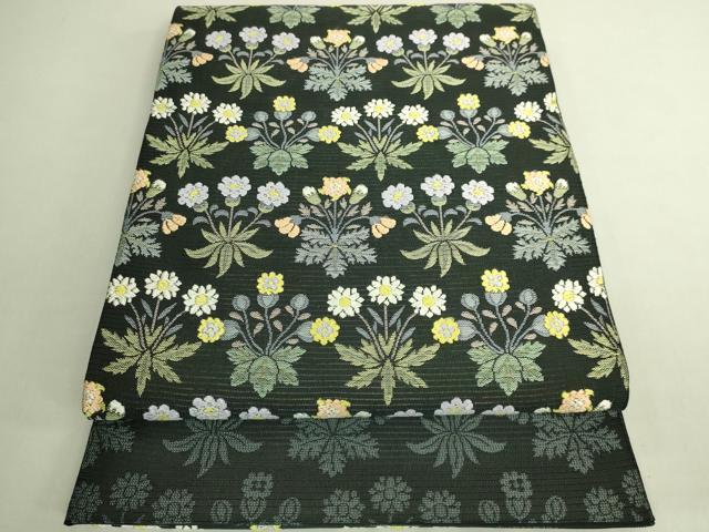 平和屋本店＊極上　夏物　西陣　川島織物　太鼓柄　本袋帯　唐織　草花文　黒緑色地　証紙付き　逸品　未使用　DZAB4786kh6