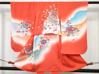平和屋着物[]七五三　女の子　３歳　祝着　三つ身　長襦袢(袷・半衿刺繍)セット　鞠花文　暈し染め　金彩　逸品　DABG3014ma