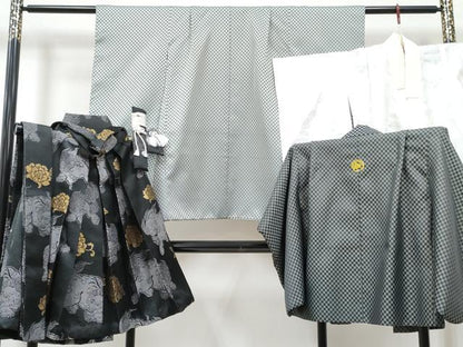 平和屋着物[]七五三　男の子　祝着・羽織・長襦袢(単衣)・行灯袴・小物セット　市松文様　DABG3017ma
