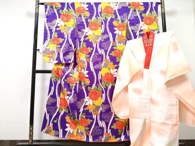 平和屋着物∵女の子　十三参り　子供　祝着・長襦袢(袷・半衿刺繍)セット　立涌牡丹花文　金彩　逸品　DABG3008ma