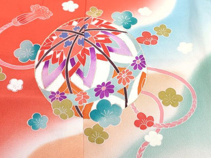 平和屋着物[]七五三　女の子　３歳　祝着　三つ身　長襦袢(袷・半衿刺繍)セット　鞠花文　暈し染め　金彩　逸品　DABG3014ma