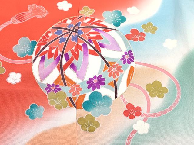 平和屋着物[]七五三　女の子　３歳　祝着　三つ身　長襦袢(袷・半衿刺繍)セット　鞠花文　暈し染め　金彩　逸品　DABG3014ma