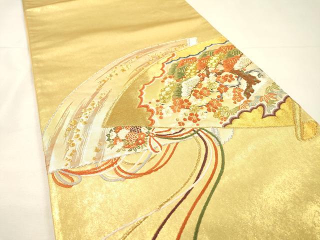 平和屋着物▼太鼓柄袋帯　駒刺繍　総刺繍　扇面花松文　金銀糸　正絹　逸品　DABG5555fe