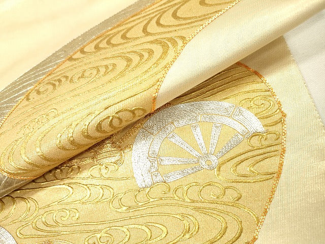 平和屋着物●西陣　川島織物　太鼓柄袋帯　駒刺繍　流水片輪車文　金彩　正絹　逸品　DABG5546fe