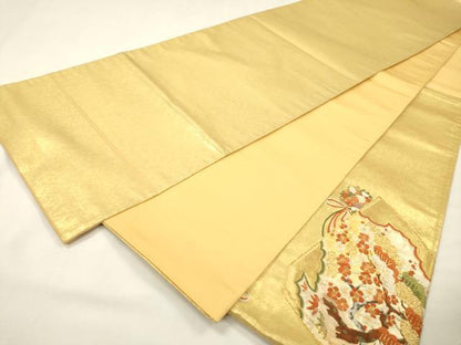 平和屋着物▼太鼓柄袋帯　駒刺繍　総刺繍　扇面花松文　金銀糸　正絹　逸品　DABG5555fe