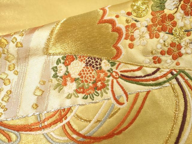 平和屋着物▼太鼓柄袋帯　駒刺繍　総刺繍　扇面花松文　金銀糸　正絹　逸品　DABG5555fe