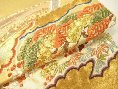 平和屋着物▼太鼓柄袋帯　駒刺繍　総刺繍　扇面花松文　金銀糸　正絹　逸品　DABG5555fe