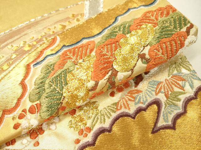 平和屋着物▼太鼓柄袋帯　駒刺繍　総刺繍　扇面花松文　金銀糸　正絹　逸品　DABG5555fe